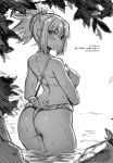  1girl ass back bangs bare_shoulders bathing blush breasts dr._stone fundoshi highres japanese_clothes kekocha kohaku_(dr._stone) large_breasts long_hair looking_at_viewer looking_back ponytail sidelocks solo thighs tied_hair translation_request water wet 