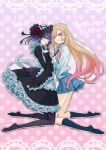  2girls apron black_dress black_hairband black_legwear blonde_hair bob_cut dress floral_print flower gyaru hair_flower hair_ornament hairband highres holding_hands kitagawa_marin kuroe_shizuku lolita_fashion lolita_hairband multicolored_hair multiple_girls nishihara_erika no_shoes official_art pantyhose pink_hair print_legwear purple_eyes purple_hair school_uniform sleeves_past_wrists socks sono_bisque_doll_wa_koi_wo_suru translation_request 