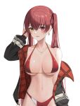  1girl absurdres bikini black_jacket breasts earrings eyebrows_visible_through_hair hair_between_eyes heart heart_earrings heart_necklace heterochromia highres hololive houshou_marine jacket jewelry large_breasts long_hair looking_at_viewer merrick navel official_alternate_costume red_bikini red_eyes red_hair simple_background solo swimsuit twintails virtual_youtuber white_background yellow_eyes 