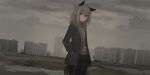  animal_ears belt building chihuri cloud cloudy_sky fox_ears fox_tail grey_hair grey_sky hands_in_pockets highres jaana_kettu jacket looking_at_viewer original pantyhose puddle purple_eyes shorts sky tail zipper zipper_pull_tab 