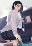  1girl absurdres ass barefoot black_hair breasts brown_eyes denim from_below grey_sweater highres holding holding_clothes indoors jeans kagematsuri large_breasts mole mole_under_mouth original pants parted_lips picking_up revision short_sleeves solo squatting sweater twitter_username 