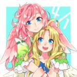  2girls bird_wings blonde_hair dress dual_persona feathered_wings firo_(tate_no_yuusha_no_nariagari) green_dress highres hug hug_from_behind long_hair minami_seira multiple_girls pink_hair pink_wings sakura_(yari_no_yuusha_no_yarinaoshi) smile tate_no_yuusha_no_nariagari time_paradox very_long_hair white_dress white_wings wings yari_no_yuusha_no_yarinaoshi 