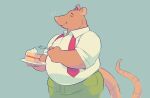  2021 anthro arthur_(series) bottomwear brown_body cake clothing dessert eyes_closed food greenendorf humanoid_hands male mammal murid murine nigel_ratburn overweight overweight_male pants rat rodent shirt simple_background solo topwear 