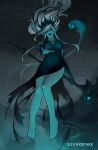  1girl alternate_costume artist_name bangs barefoot black_dress black_gloves black_sclera breasts colored_sclera covered_navel crown dress elbow_gloves ghost ghost_girl gloves green_eyes grey_hair highres holding holding_staff janna_(league_of_legends) large_breasts league_of_legends long_hair no_toes signature solo staff thorsten_erdt 
