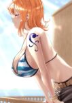  1girl arm_support bare_arms bare_shoulders belt bikini bikini_top_only breasts cleavage closed_eyes closed_mouth commentary cowboy_shot day eyebrows_visible_through_hair from_side highres huge_breasts leaning_forward leaning_on_rail light_blush light_smile log_pose medium_hair moriton nami_(one_piece) navel one_piece orange_hair outdoors pants railing revision shiny shiny_hair shoulder_tattoo sidelocks skindentation solo stomach swimsuit tattoo 