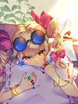  1girl bangle bangs blonde_hair bracelet closed_mouth commentary_request couch drill_hair earrings eyewear_on_head hair_ribbon hat highres jewelry lips lying mini_hat on_stomach orange_eyes pillow plant red_ribbon ribbon ribbon_trim ring round_eyewear solo top_hat touhou tress_ribbon wankosoba yorigami_jo&#039;on 
