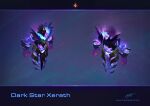  1boy armor character_name claws commentary from_behind glowing league_of_legends magic male_focus multiple_views pink_eyes signature space thorsten_erdt web_address xerath 