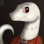  1:1 2019 albino anthro artist_logo bead_necklace biped bust_portrait cape clothing crusch_lulu cute_fangs digital_media_(artwork) digital_painting_(artwork) eyelashes female gradient_background grey_background hi_res icon jewelry light lighting lizard lizardman_(overlord) logo long_neck looking_at_viewer markings neck_markings necklace orange_cape overlord_(series) pattern_cape pink_markings portrait red_eyes reptile scalie shaded side_view simple_background smile smiling_at_viewer soft_shading solo syndraconic tribal tribal_markings white_body 