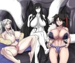  3girls armor bangs black_eyes black_hair bow breasts crescent crossover facial_mark forehead_mark fox_tail grandmother_and_granddaughter hagoromo_gitsune hair_bow han&#039;you_no_yashahime hotsaurus inuyasha japanese_clothes kimono large_breasts long_hair multicolored_hair multiple_girls multiple_tails naginata nude nurarihyon_no_mago pale_skin pointy_ears polearm ponytail red_hair sesshoumaru&#039;s_mother setsuna_(inuyasha) silver_hair smile streaked_hair tail thighhighs twintails very_long_hair weapon white_hair yellow_eyes 