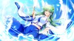  1girl :d bangs bare_shoulders blue_skirt breasts commentary_request detached_sleeves frilled_skirt frills frog_hair_ornament gohei green_eyes grey_hair hair_between_eyes hair_ornament hair_tubes highres japanese_clothes kochiya_sanae large_breasts long_hair looking_at_viewer miko navel open_mouth osashin_(osada) outstretched_arm skirt smile snake_hair_ornament solo touhou wide_sleeves 