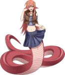  1girl artist_request bangs bare_shoulders bracelet facial_mark full_body hair_between_eyes hair_ornament jewelry lamia long_hair midriff miia_(monster_musume) monster_girl monster_musume_no_iru_nichijou monster_musume_no_iru_nichijou_online navel necklace official_art open_mouth orange_hair pointy_ears scales shirt skirt slit_pupils solo striped striped_shirt transparent_background vest yellow_eyes 