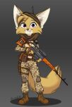  2022 absurd_res anthro boots camo canid canine clothing dragunov dragunov_svd eyebrows eyelashes female fennec fingerless_gloves footwear fox fur gloves gun handwear hi_res holster inner_ear_fluff knee_pads looking_at_viewer mammal purple_eyes ranged_weapon rifle scope siroc smile smiling_at_viewer sniper_rifle solo svd tan_body tan_fur tuft weapon white_body white_fur 