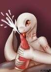  2019 5_fingers albino anthro arm_markings artist_logo balls big_penis big_tail biped bodily_fluids brown_body crusch_lulu cum cumshot cute_fangs digital_media_(artwork) digital_painting_(artwork) duo ejaculation entwined_tails erection eyelashes female female_focus fingers genital_fluids genitals handjob humanoid_hands licking light lighting lizard lizardman_(overlord) logo long_neck long_tail looking_at_another looking_at_partner male male/female markings neck_markings nude oral overlord_(series) penile penis penis_lick pink_markings poherist red_background red_eyes red_penis red_tongue reptile scalie sex shaded simple_background smile soft_shading solo_focus tail_coil tapering_penis thick_tail tongue tongue_out tribal tribal_markings vein veiny_penis white_body 