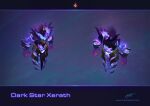  1boy armor character_name claws from_behind glowing league_of_legends magic male_focus multiple_views pink_eyes signature space thorsten_erdt web_address xerath 