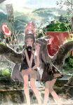  2girls absurdres animal_ear_fluff animal_ears black_dress bracelet dress grey_hair highres jewelry kurii89800727 light_smile long_hair looking_at_viewer looking_back multiple_girls original rabbit_ears signpost tree yellow_eyes 