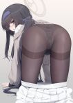  1girl absurdres all_fours ass bangs black_hair blue_archive blush book cardigan clothes_pull eyebrows_visible_through_hair from_behind hair_between_eyes hairband halo highres long_hair long_skirt long_sleeves looking_at_viewer looking_back panties panties_under_pantyhose pantyhose pleated_skirt reward_available sailor_collar school_uniform simple_background skirt skirt_pull solo thighband_pantyhose toshise. ui_(blue_archive) underwear very_long_hair white_background white_sailor_collar 