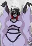  2015 anthro aura_(aurastrasza) big_breasts black_hair black_nose breasts canid canine canis clothed clothing dedoarts digital_media_(artwork) dress female fur green_eyes grey_background grey_body grey_face grey_fur grey_hair grey_highlights grin gynomorph_(lore) hair half-length_portrait halloween_costume hi_res highlights_(coloring) holding_clothing holding_dress holding_object lips long_dress long_hair looking_at_viewer mammal multicolored_body multicolored_fur multicolored_hair pink_clothing pink_dress portrait red_hair red_highlights signature simple_background smile solo standing teeth the_munsters two_tone_body two_tone_face two_tone_fur wide_hips wolf yellow_sclera 
