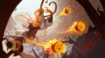  1girl animal antennae armor bangs bee black_skin blonde_hair blurry blurry_foreground breastplate breasts bug cleavage colored_skin fangs fingernails floating fur_trim hair_ornament highres large_breasts league_of_legends long_hair long_sleeves open_mouth ponytail sharp_fingernails skirt spider syndra teeth thorsten_erdt white_skirt wings yellow_skin 