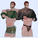  1boy abs artist_name bara beard bi0gge black_male_underwear bulge chris_redfield crossed_arms facial_hair green_male_underwear male_focus male_swimwear male_underwear manly mature_male muscular muscular_male navel no_pants pectorals red_hair resident_evil resident_evil_5 scar scar_on_arm scar_on_stomach shirt solo swim_briefs thick_thighs thighs tight underwear undressing veins 