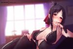  bad_id bad_pixiv_id black_hair blurry blurry_background blush breasts chair cleavage curtains desk fingerless_gloves gloves hair_ribbon kaguya-sama_wa_kokurasetai_~tensai-tachi_no_renai_zunousen~ lace_trim large_breasts mitsu_(mitsu_art) patreon_logo picture_frame red_eyes ribbon shinomiya_kaguya sideboob thighhighs window zettai_ryouiki 