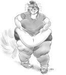  2022 anthro black_and_white blush bodily_fluids bottomwear breasts clothing domestic_cat felid feline felis female hair hi_res hotpants mammal mk_artichoke monochrome morbidly_obese morbidly_obese_anthro morbidly_obese_female navel obese obese_anthro obese_female overweight overweight_anthro overweight_female ponytail shaded shorts solo sweat thick_thighs wide_hips 