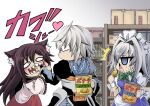  1boy 2girls ahoge biting brown_hair chips eating food glasses hidefu_kitayan highres imaizumi_kagerou izayoi_sakuya japanese_clothes maid_headdress morichika_rinnosuke multiple_girls potato_chips surprised touhou white_hair 