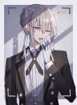  &gt;_o 1boy absurdres bambi-25 bangs bedivere_(fate) bedivere_(silver_butler)_(fate) black_jacket butler collared_shirt fate/grand_order fate_(series) formal gloves green_eyes hair_between_eyes highres jacket knights_of_the_round_table_(fate) light_blush long_hair long_sleeves male_focus official_alternate_costume one_eye_closed ponytail shirt silver_hair solo upper_body white_gloves 
