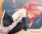  1girl alternate_costume animal_ear_fluff animal_ears bare_shoulders black_gloves black_legwear blush breasts closed_eyes clothed_sex commentary_request elbow_gloves enmaided extra_ears fang fate/extra fate_(series) fox_ears fox_tail frilled_gloves frilled_legwear frilled_skirt frills from_side girl_on_top gloves haryuu_(poetto) highres long_hair maid maid_headdress nipples pink_hair reverse_cowgirl_position saliva skirt small_breasts solo_focus straddling tail tamamo_(fate) tamamo_no_mae_(fate/extra) thighhighs tongue twintails younger 
