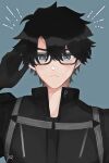  1boy bangs black_gloves black_hair black_jacket blue_background blue_eyes blush fate/grand_order fate_(series) frown fujimaru_ritsuka_(male) fujimaru_ritsuka_(male)_(polar_chaldea_uniform) glasses gloves hair_between_eyes hand_up highres jacket long_sleeves looking_at_viewer male_focus short_hair signature simple_background solo upper_body yasa_sio 