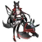  1girl absurdres animal_ears black_choker black_hair black_hairband choker collarbone gradient gradient_clothes gradient_legwear green_eyes grey_background hair_between_eyes hair_bun hairband hand_on_hip high_heels highres huge_weapon jacket long_hair midriff mouth_hold multicolored_eyes navel open_clothes open_jacket original red_eyes scythe see-through shio_(oxstl) simple_background sketch skindentation solo standing tail thigh_strap thighhighs unfinished weapon white_eyes wolf_ears wolf_girl wolf_tail 