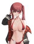  1girl absurdres bikini black_jacket breasts earrings eyebrows_visible_through_hair hair_between_eyes heart heart_earrings heart_necklace heterochromia highres hololive houshou_marine jacket jewelry large_breasts long_hair looking_at_viewer merrick navel official_alternate_costume red_bikini red_eyes red_hair revision simple_background solo swimsuit twintails virtual_youtuber white_background yellow_eyes 