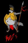  1:1 2009 300_(film) anthro armor belly big_belly black_background bottomwear button_pop canid canine canis claws clothed clothing footwear front_view hand_on_stomach headgear hector_(hectorthewolf) hectorthewolf helmet hi_res holding_object holding_spear holding_weapon loincloth looking_down male mammal melee_weapon navel number obese obese_anthro obese_male overweight overweight_anthro overweight_male parody polearm pose red_text sandals shield simple_background solo spartan_armor_(roman) spear standing text torn_clothing weapon wolf 