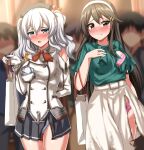  2girls 6+others absurdres bag beret black_hair black_headwear blouse blue_eyes blush bra brown_eyes buttons commentary_request commission epaulettes frilled_sleeves frills gloves green_blouse grey_skirt hair_ornament hairband hairclip haruna_(kancolle) hat highres jacket kantai_collection kashima_(kancolle) long_sleeves looking_at_viewer military military_jacket military_uniform multiple_girls multiple_others neckerchief nose_blush official_alternate_costume panties pink_bra pink_panties pleated_skirt red_neckerchief red_neckwear shopping_bag sidelocks silver_hair skirt standing torn_clothes twintails underwear uniform wavy_hair white_bra white_gloves white_hairband white_jacket white_panties white_skirt zanntetu 