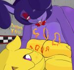  accessory animatronic anthro avian big_breasts bird blush bodily_fluids bonnie_(cally3d) bonnie_(fnaf) bow_tie breast_squish breasts butt cheese chica_(cally3d) chica_(fnaf) chicken dairy_products desesperadoleon duo english_text female female/female five_nights_at_freddy&#039;s food galliform gallus_(genus) glowing glowing_eyes hair_accessory hi_res lagomorph leporid machine mammal open_mouth phasianid pink_eyes purple_body rabbit red_eyes robot saliva saliva_on_tongue saliva_string scottgames simple_background squish text tongue tongue_out video_games yellow_body 