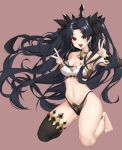  1girl :d absurdres anklet bare_shoulders bikini black_hair black_legwear breasts cleavage collarbone double_v earrings eyebrows_visible_through_hair fate/grand_order fate_(series) floating_hair full_body gold_earrings gold_trim hair_ornament hands_up highres ishtar_(fate) jewelry kneeling long_hair looking_at_viewer medium_breasts mergerri mismatched_bikini navel neck_ring open_mouth pink_background red_eyes simple_background single_leg_pantyhose single_sleeve smile solo stomach swimsuit teeth tiara upper_teeth v very_long_hair 