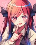  1girl bangs bat_wings collared_shirt face head_wings heart highres koakuma long_hair long_sleeves looking_at_viewer meimei_(meimei89008309) necktie open_mouth pink_background red_hair red_necktie shirt simple_background solo touhou upper_body white_shirt wings 