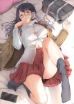  1girl airpods asahina_hikage bag bed_sheet black_hair bra breasts brown_jacket cleavage collared_shirt commentary_request glasses highres jacket long_hair looking_at_viewer lying navel on_back open_mouth original panties pillow pleated_skirt purple_eyes red_skirt school_bag school_uniform semi-rimless_eyewear shirt sidelocks skirt socks solo tablet_pc unbuttoned unbuttoned_shirt under-rim_eyewear underwear white_bra white_panties white_shirt 