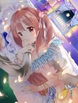  balcony bed blush bracelet breasts feathers finger_kiss flower hair_flower hair_ornament holding_another&#039;s_arm jewelry lamp light_smile lying moon necklace petals pillow red_hair sakura_trick solo_focus sonoda_yuu tachi_(gutsutoma) takayama_haruka 