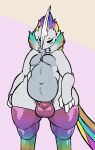  anthro belly blush clothing colored fur genitals hair hi_res legwear male multicolored_body multicolored_clothing multicolored_hair multicolored_tail navel overweight overweight_anthro overweight_male rimworld simple_background solo stockings thick_thighs thigh_highs thong thrumbo tights troplilly tuft underwear 