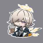  1boy arknights banbon bangs black_jacket chibi coffee_cup commentary cropped_torso cup disposable_cup enforcer_(arknights) grey_background grey_necktie hair_over_one_eye halo holding holding_cup jacket lowres male_focus necktie open_clothes open_jacket purple_eyes short_hair silver_hair simple_background solo upper_body 