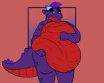  anthro belly belly_play big_belly colored dragon hi_res horn lifting_belly male mohawk moobs multicolored_body navel obese obese_male overweight overweight_male presenting_belly red_belly scales scalie simple_background smile solo thick_tail troplilly 