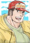  1boy artist_name bara baseball_cap blue_background border brown_eyes brown_hair green_shirt hat highres hood hooded_jacket jacket kumagamike kurogane_(housamo) long_sideburns male_focus muscular muscular_male open_mouth outside_border red_headwear shirt short_hair sideburns simple_background smile solo thick_eyebrows tokyo_afterschool_summoners white_border yellow_jacket 