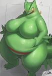 2021 anthro anthrofied belly belly_grab belly_grope big_belly big_breasts blush bodily_fluids breasts featureless_breasts female green_body green_skin grey_background hi_res looking_at_self nintendo nude obese obese_anthro obese_female oruka0827 overweight overweight_anthro overweight_female pok&eacute;mon pok&eacute;mon_(species) pok&eacute;morph reptile scalie sceptile simple_background solo sweat thick_thighs video_games yellow_sclera 