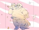  2022 anthro bottomwear canid canine canis carrying clothing domestic_dog duo eyes_closed eyewear glasses humanoid_hands inunoshippo kemono male mammal overweight overweight_male procyonid raccoon shirt shorts size_difference topwear 