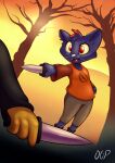  anthro biped bottomwear clothed clothing domestic_cat drum_skunk duel felid feline felis female hi_res holding_object holding_weapon knife mae_borowski mammal night_in_the_woods pants plant shirt solo topwear tree video_games weapon 