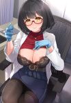  1girl areola_slip areolae bangs belt black_belt black_bra black_hair black_legwear blue_gloves blue_skirt blush bra breasts cleavage closed_mouth clothes_lift glasses gloves hand_on_own_chest highres idolmaster idolmaster_cinderella_girls indoors jacket lace-trimmed_bra lace_trim large_breasts lifted_by_self long_sleeves looking_at_viewer mk_(mod0) on_chair open_clothes open_jacket pantyhose red_shirt rubber_gloves semi-rimless_eyewear shirt shirt_lift short_hair sitting skirt smile solo swept_bangs takafuji_kako thighband_pantyhose underwear white_jacket yellow_eyes 