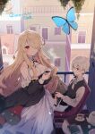  1boy 1girl ahoge awestruck balcony bare_shoulders blonde_hair blue_eyes blush book bow bowtie breasts bug building butterfly cityscape cleavage_cutout clothing_cutout coffee coffee_mug commentary cuffs cup curly_hair cushion day doll_joints dress dress_shirt edel_(ikeuchi_tanuma) garter_straps hair_over_one_eye hanging_plant highres holding holding_cup holding_newspaper ikeuchi_tanuma joints light_particles long_hair looking_at_animal medium_breasts mug newspaper open_mouth original otoko_no_ko outdoors paper plant plate red_eyes rooftop round_table rudy_(ikeuchi_tanuma) shadow shirt short_hair shorts sitting sleeveless sleeveless_dress standing steam tea teacup teapot thighhighs waistcoat white_dress white_hair window 