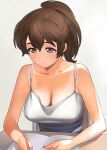  1girl a1 bangs bare_shoulders black_ribbon bra_strap breasts brown_eyes brown_hair camisole chair commentary dot_nose eyebrows_visible_through_hair foreshortening girls_und_panzer hair_between_eyes hair_ribbon high_ponytail highres holding koyama_yuzu large_breasts looking_down mechanical_pencil parted_lips pencil ribbon simple_background solo tan tanlines upper_body white_camisole 