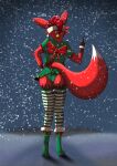  absurd_res anthro bell bow canid canine christmas clothing deedoss female fluffy fluffy_tail fox fur gesture hi_res holidays legwear mammal middle_finger mistletoe panties plant sassy snow solo stockings stripes underwear vicky_(deedoss) 