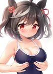  1girl ahoge animal_ears bangs bare_arms bare_shoulders black_hair black_swimsuit blush breasts cleavage closed_mouth collarbone commentary_request eyebrows_visible_through_hair grey_hair hair_ornament horse_ears kitasan_black_(umamusume) medium_breasts multicolored_hair nikoo one-piece_swimsuit red_eyes revision simple_background solo streaked_hair swimsuit two_side_up umamusume upper_body white_background 